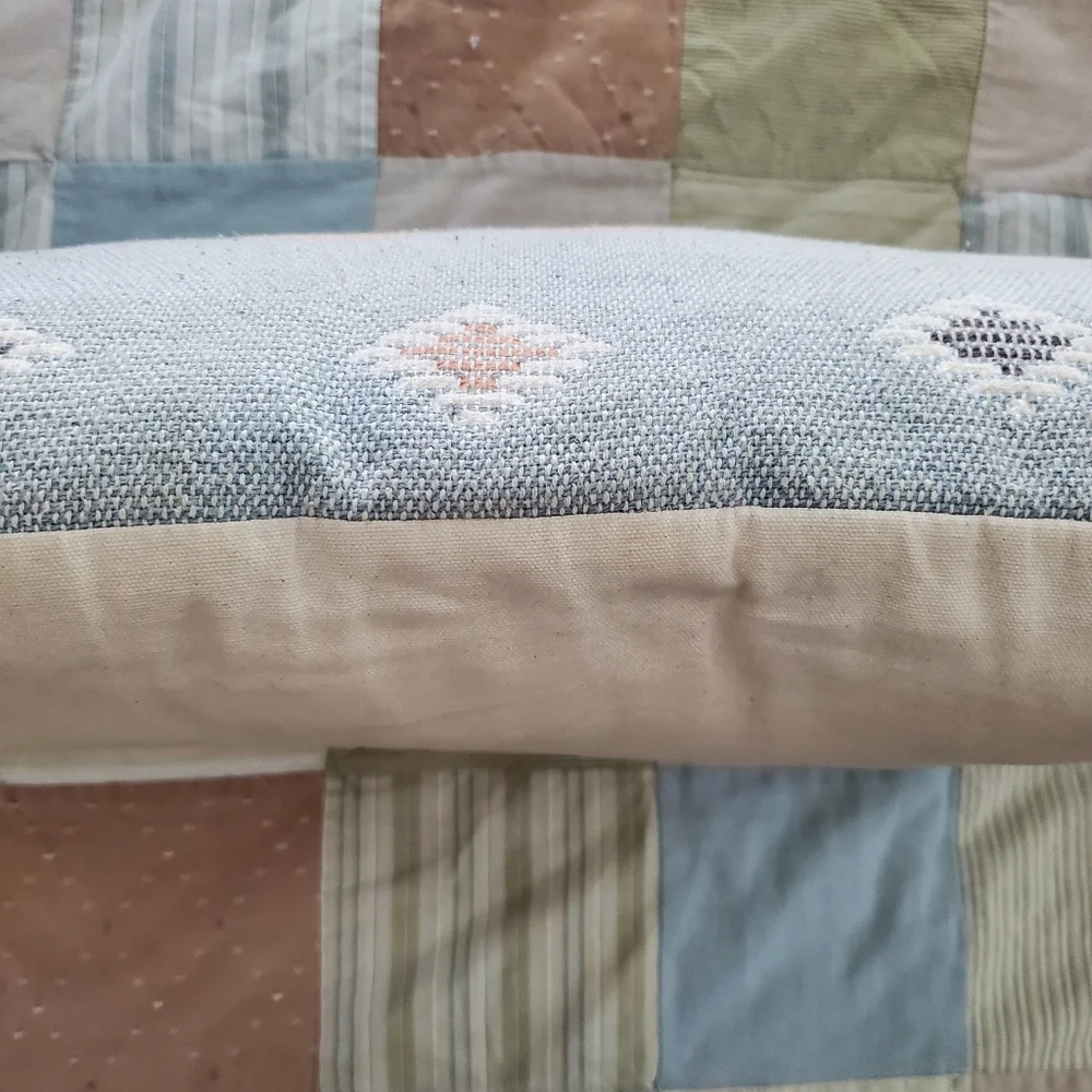 Devi Designs Pillow Farmhouse Beige Blue‎ Geometric Design 26x15 Light Dirt Mark